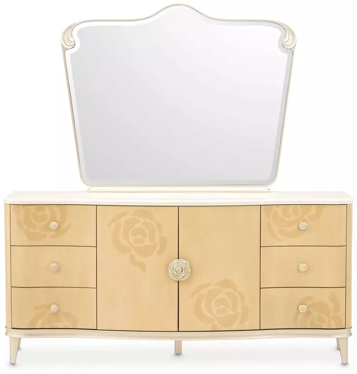Camellia Field Caramel 6 Drawer Dresser with Rectangular Mirror