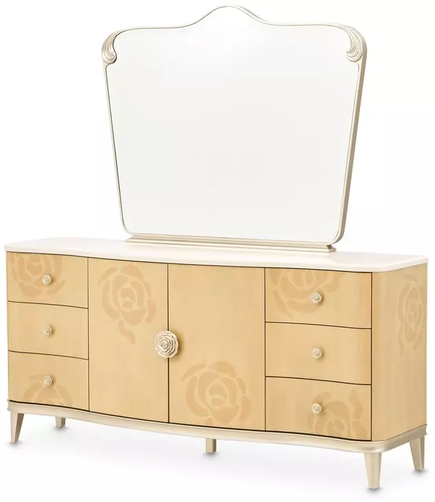 Camellia Field Caramel 6 Drawer Dresser with Rectangular Mirror