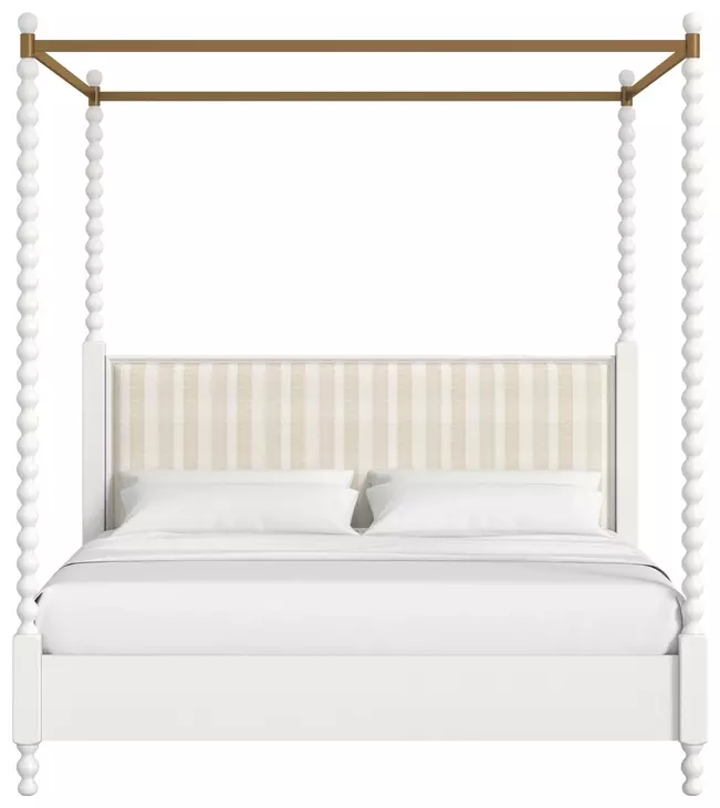 Haven Warm White Queen Upholstered Canopy Poster Bed