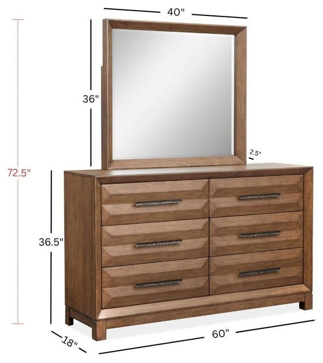 Callisto Bourbon Brown 6 Drawer Dresser with Rectangular Mirror