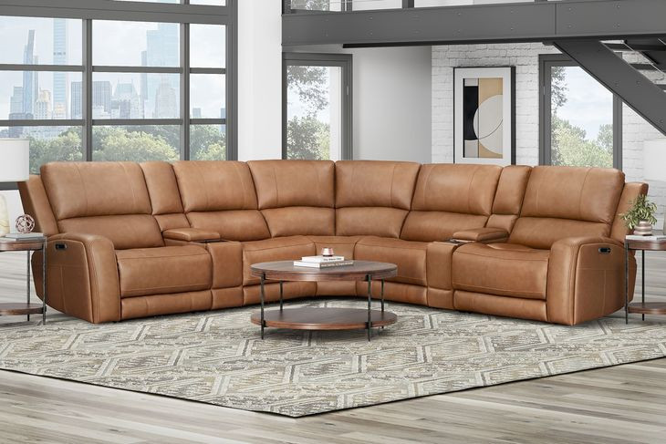 Belmont Lyric Caramel Leather 7 Piece Modular Zero Gravity Power Reclining Sectional with USB Charging