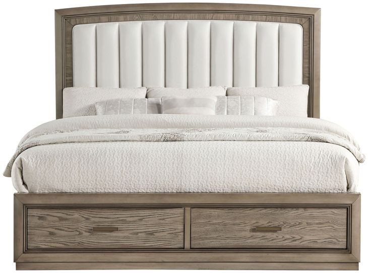 Sonoma Gray Upholstered Queen Panel Bed with 2 Front Storage Drawers