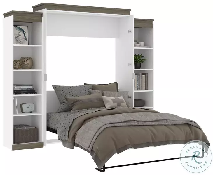 Orion White And Walnut Grey 104" Queen Murphy Bed With 2 Narrow Shelving Units