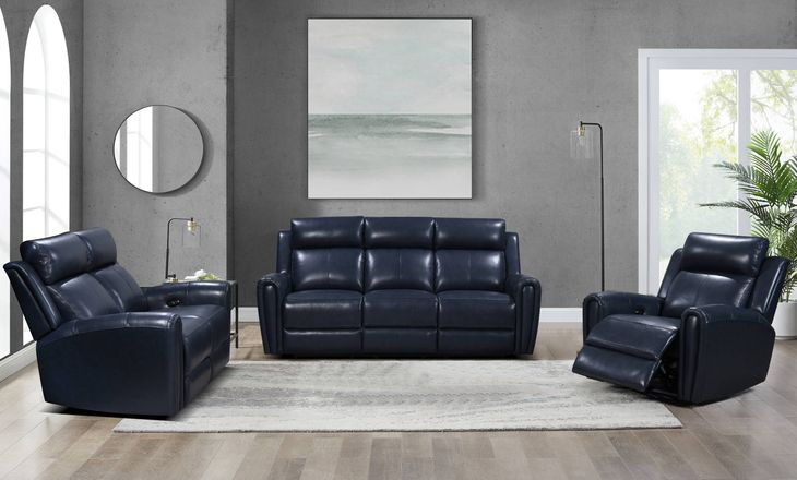Jonathan Blue Leather Lay Flat Power Reclining Living Room Set with USB Charging