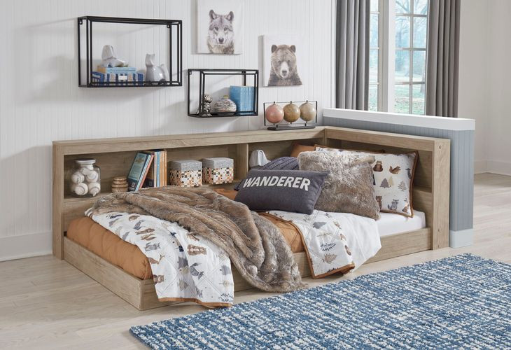 Oliah Natural Twin Bookcase Storage Bed with USB Charging