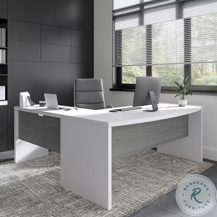 Echo Pure White And Modern Gray 72" Bow Front L Shaped Desk