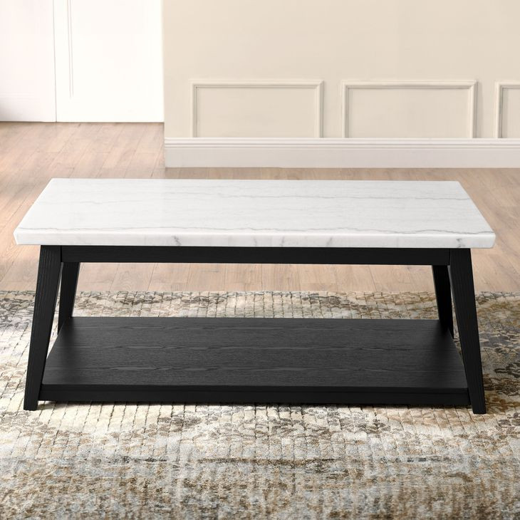 Vida White and Black Rectangular Marble Top Cocktail Table with Casters