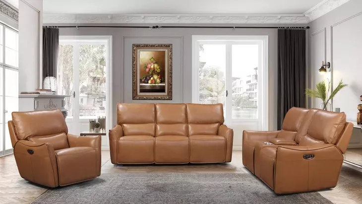 Portland Desert Leather Lay Flat Power Reclining Living Room Set with Power Headrest and USB Charging
