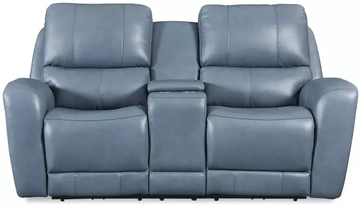 BelleAvenue Persian Blue Leather 76" Lay Flat Power Reclining Console Loveseat with Power Headrest and USB Charging