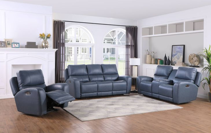 BelleAvenue Persian Blue Leather Power Reclining Living Room Set with Power Headrest and USB Charging