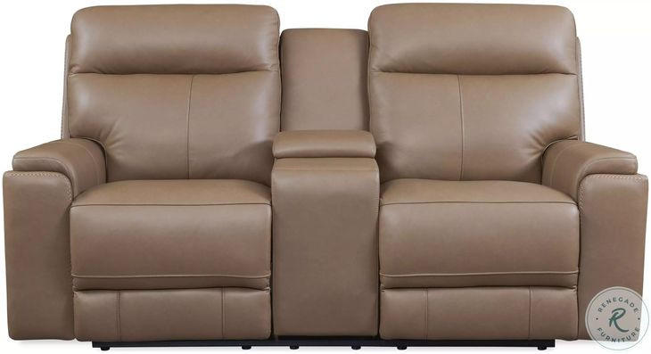 Bryant Tuscan Tan Leather 76" Lay Flat Power Reclining Console Loveseat with Power Headrest and USB Charging