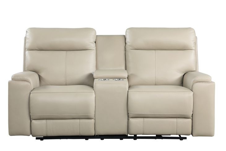 Bryant Taupe Leather 76" Lay Flat Power Reclining Console Loveseat with Power Headrest and USB Charging