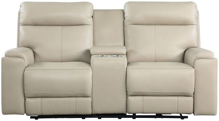 Bryant Taupe Leather 76" Lay Flat Power Reclining Console Loveseat with Power Headrest and USB Charging