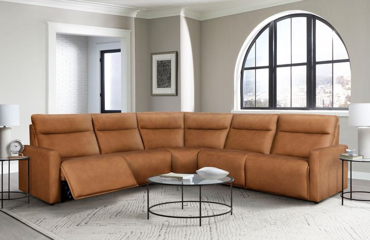 Adell Saddle Leather Power Reclining 5 Piece Sectional with Power Headrest And Footrest