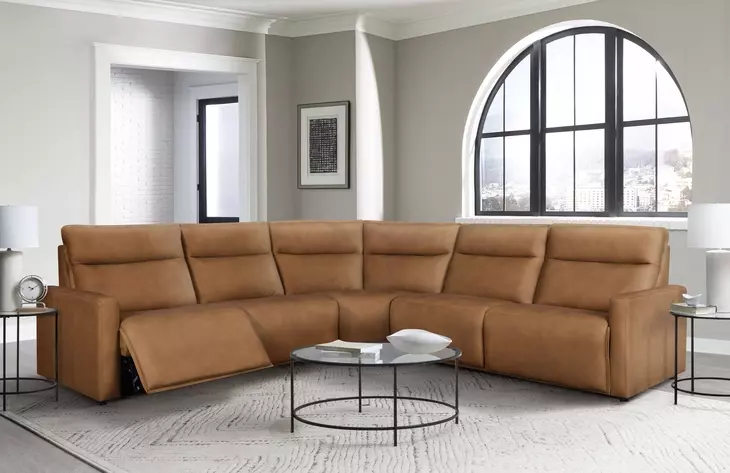 Ascendia Saddle Leather Modular Lay Flat Power Reclining Sectional