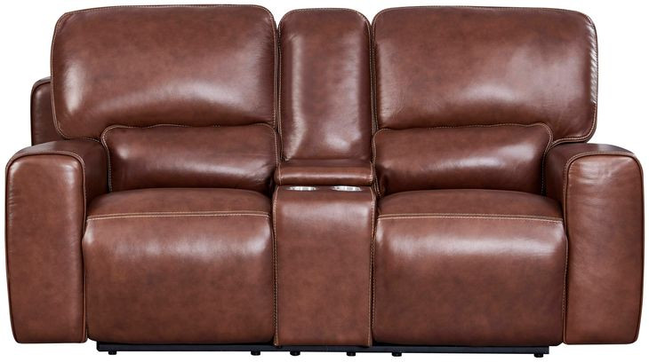 Broadway Brown Leather 79" Lay Flat Power Reclining Console Loveseat with Power Headrest and USB Charging