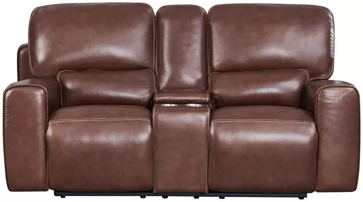 Broadway Brown Leather 79" Lay Flat Power Reclining Console Loveseat with Power Headrest and USB Charging