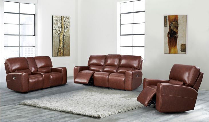 Broadway Brown Leather Lay Flat Power Reclining Living Room Set with USB Charging
