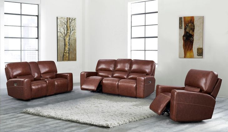Broadway Brown Leather Lay Flat Power Reclining Living Room Set with USB Charging