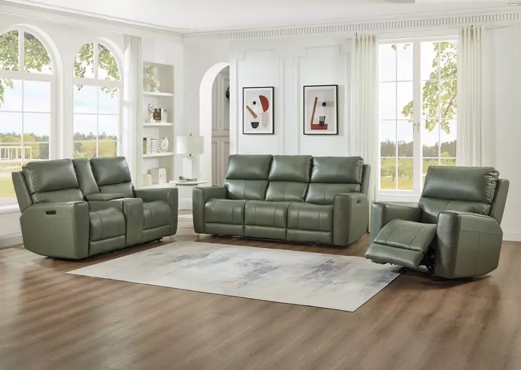 Laredo Sage Moss Leather Zero Gravity Power Reclining Living Room Set with Power Headrest and USB Charging