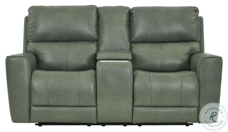 Lioran Sage Moss Leather Power Reclining Console Loveseat with Power Headrest