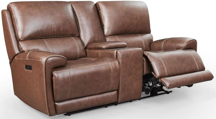 Highland Brown Coffee Leather Power Reclining Console Loveseat with Power Headrest