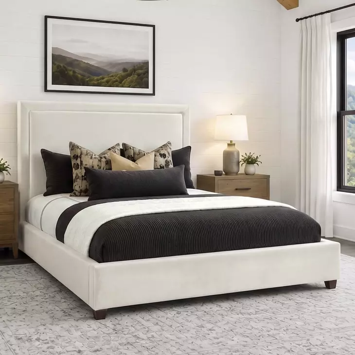 Kimberly Mystical Linen and Dark Brown King Upholstered Panel Bed