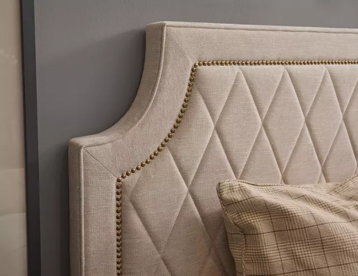 Oakridge Medley Piano Brown Upholstered Queen Panel Bed with Nailhead Trim