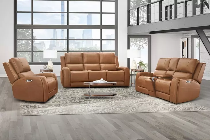 Belmont Lyric Caramel Leather Zero Gravity Power Reclining Living Room Set with USB Charging