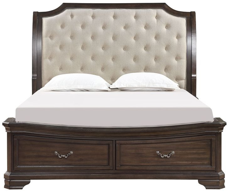 Lyndhurst Walnut and Beige King Upholstered Storage Sleigh Bed