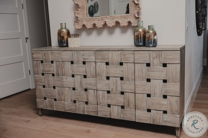 Hearthwood Wooden Weave Grey Wash 4 Door Credenza