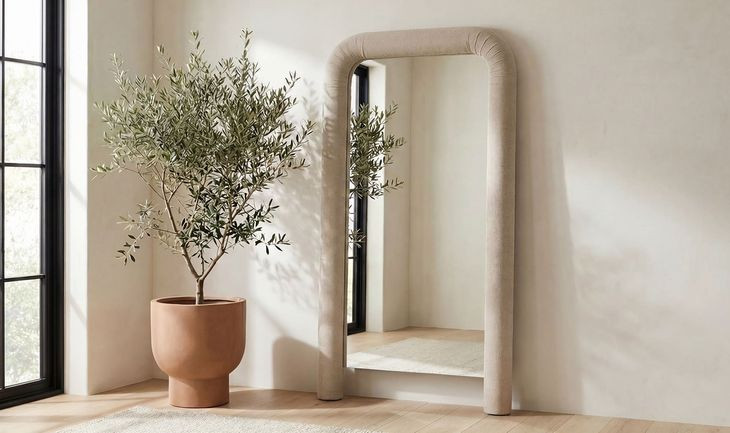 Ellison Beige Upholstered Rectangular Floor Mirror