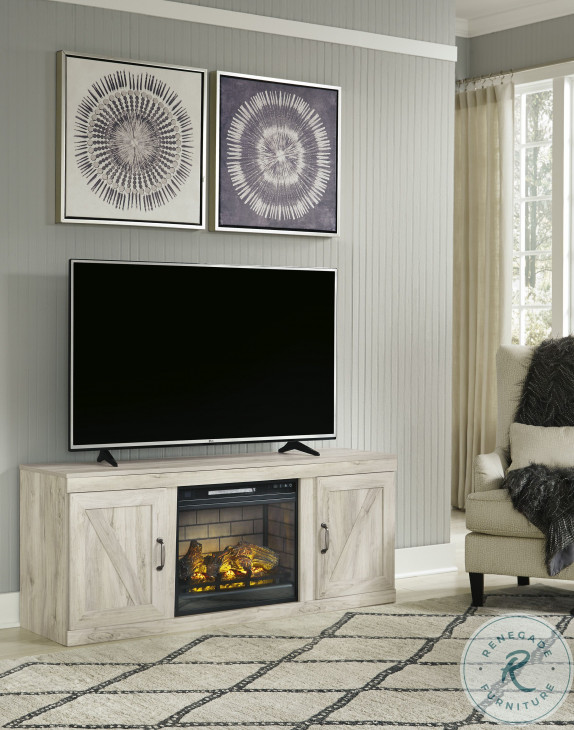 Bellaby - Entertainment Center - TV Stand With Faux Firebrick Fireplace Insert - Whitewash
