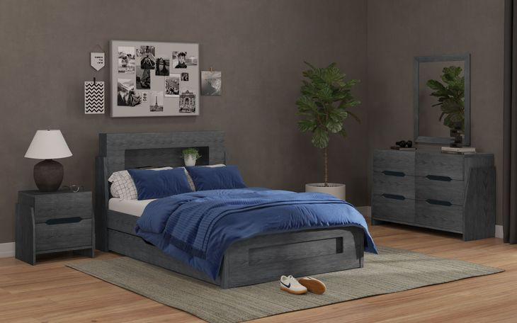 Darby Midnight Blue Full Storage Panel Bed with USB Charging and LED