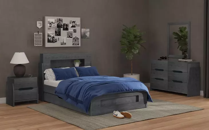 Darby Midnight Blue Full Storage Panel Bed with USB Charging and LED