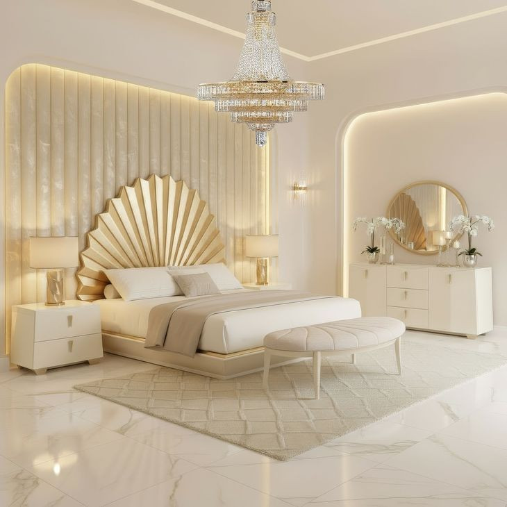 Fantosini Creamy Pearl and Gold Leaf Fan Platform Bedroom Set
