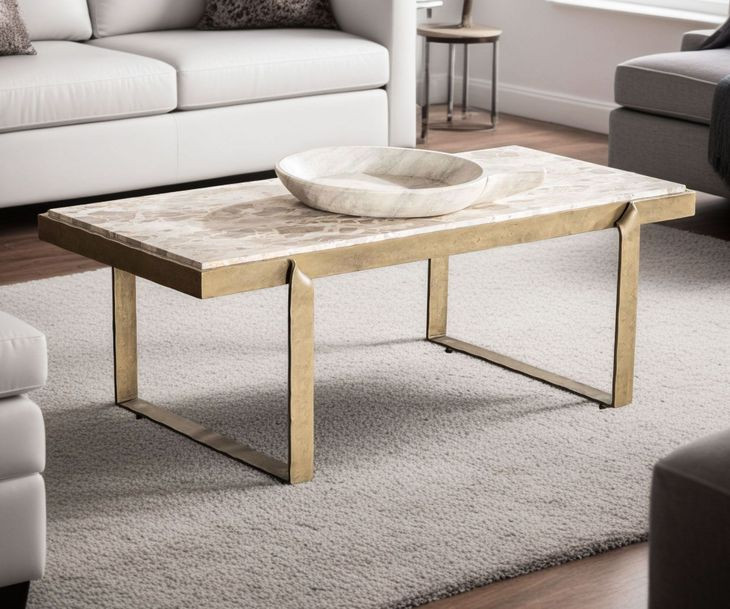 Rhodes Antique Brass and Marble Top Rectangular Cocktail Table