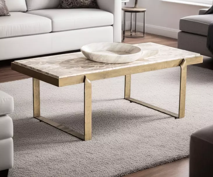Rhodes Antique Brass and Marble Top Rectangular Cocktail Table