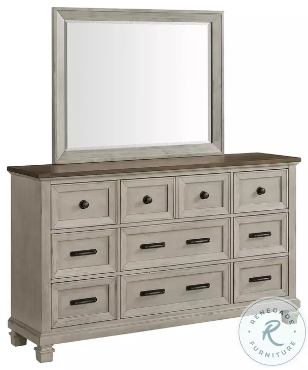 Bloomfield Medium Brown And Washed Stone 9 Drawer Dresser And Mirror