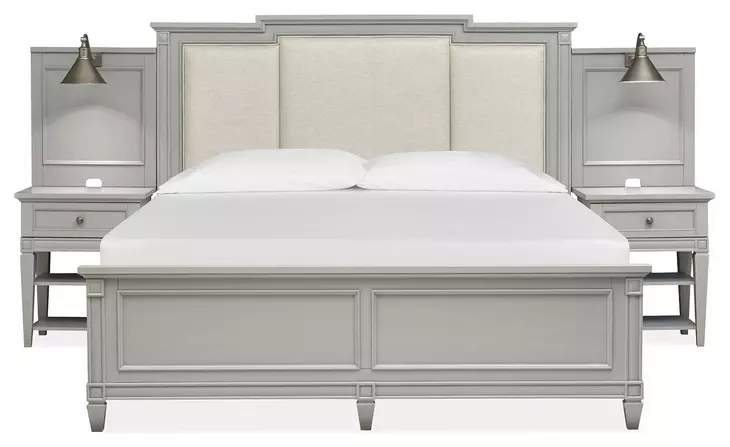 Glenbrook Pebble and Beige King Upholstered Wall Bed with 2 Nightstand and USB Charging