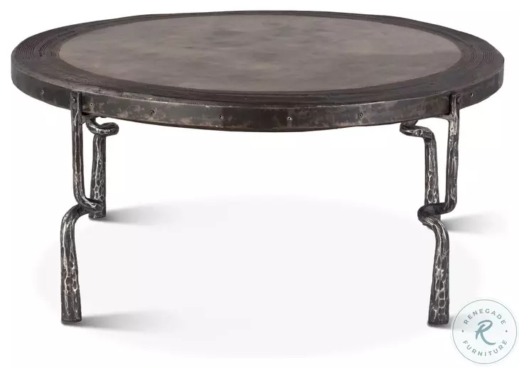 Rustic Revival Weathered And Rustic Gray Marble Inlay Industrial Coffee Table