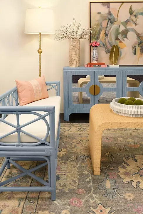 Ferguson Ivory Performance Cushion Bench In Rattan Light Blue Frame