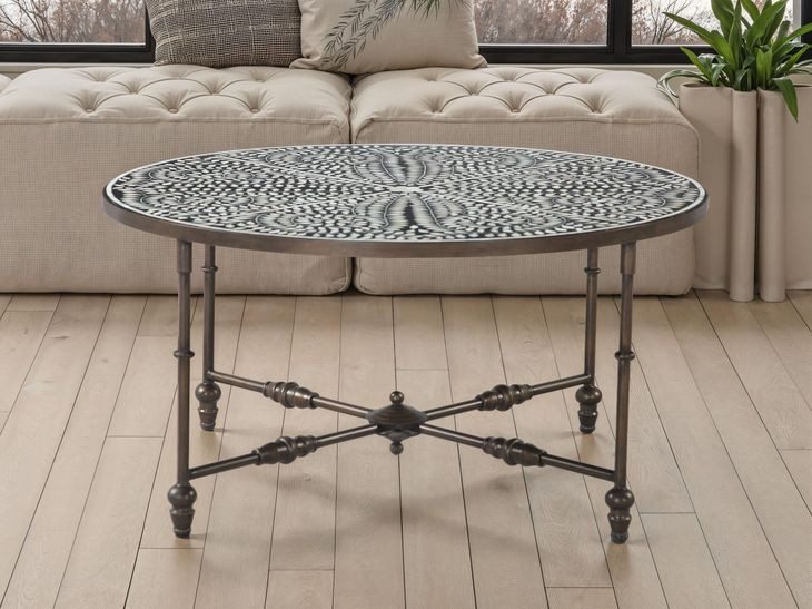 Ozark Black Floral Horn Inlay Round Coffee Table