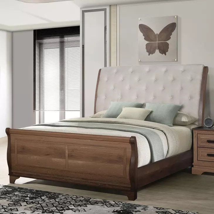 Coventry Hall Pecan King Upholstered Sleigh Bed