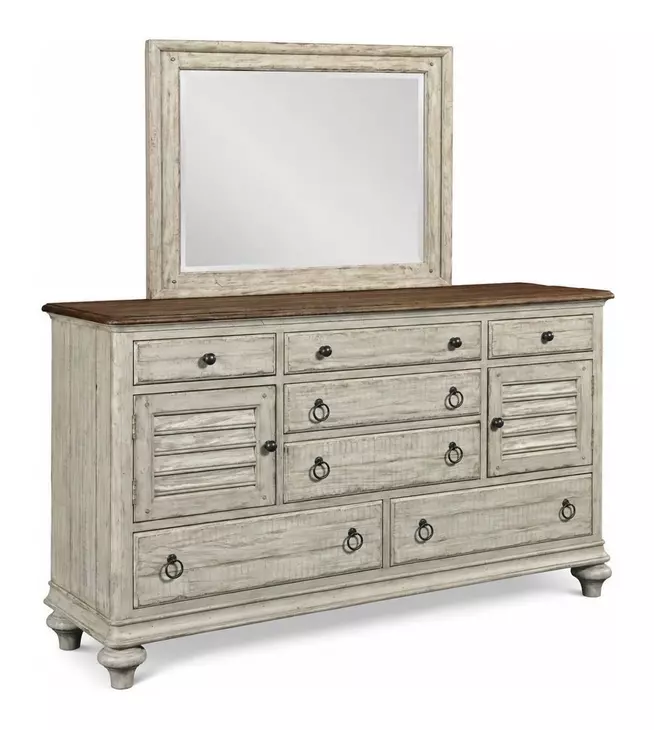Homestead Pine Cornsilk 7 Drawer Ellesmere Dresser with Rectangular Landscape Mirror