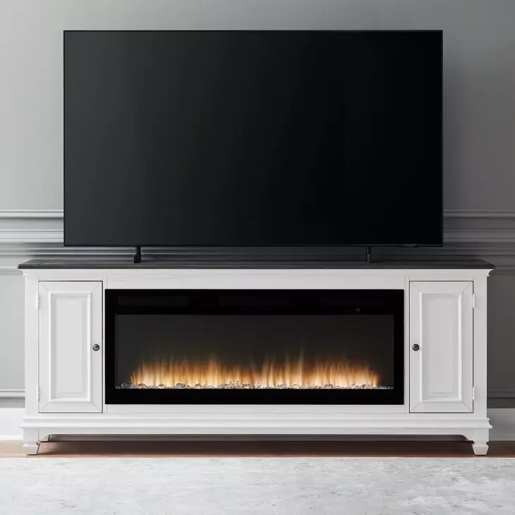 FIRE-BOX-417-80FTS Wirebrushed White and Charcoal 80" TV Stand with Fireplace