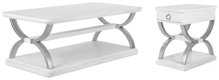 Point Breeze Fresh White and Soft Gray Glaze Rectangular Occasional Table Set with Metal and Casters