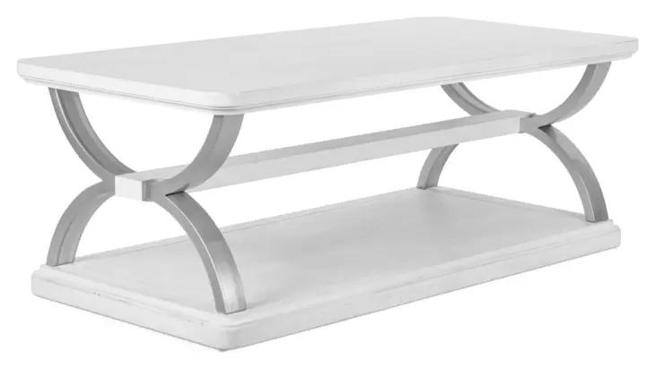 Point Breeze Fresh White and Soft Gray Glaze Rectangular Coffee Table with Metal and Casters