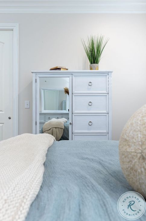 Coastal Point Fresh White and Soft Grey Glaze 5 Drawer 1 Mirrored Door Chest