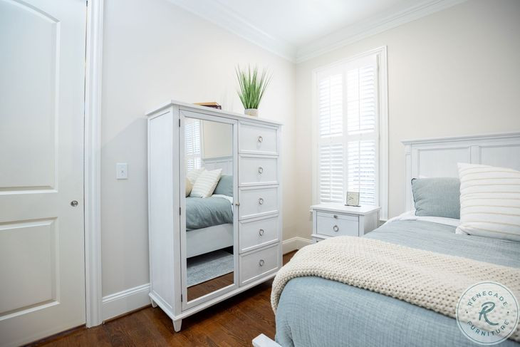 Coastal Point Fresh White and Soft Grey Glaze 5 Drawer 1 Mirrored Door Chest